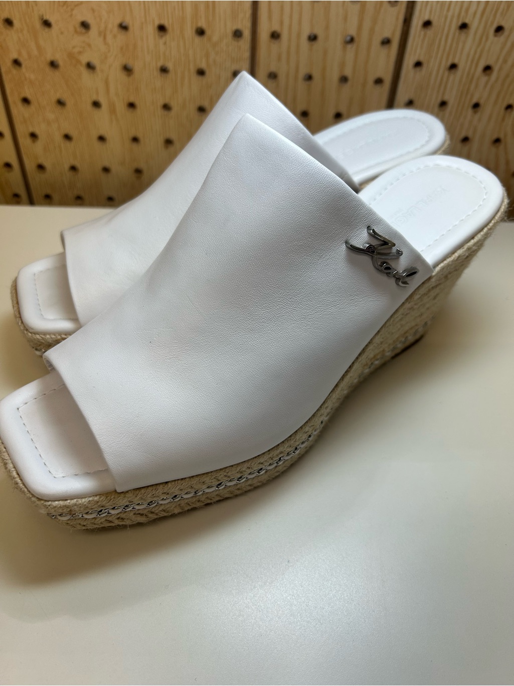 Karl Lagerfeld Clove White Leather Espadrille Wedge Sandals